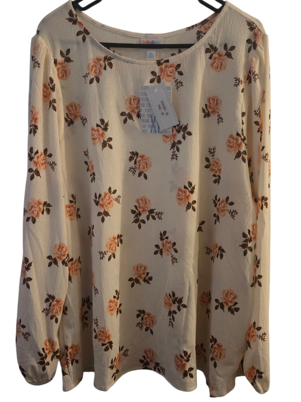 LuLaRoe Cream Floral Long Sleeve Top with Peach Roses